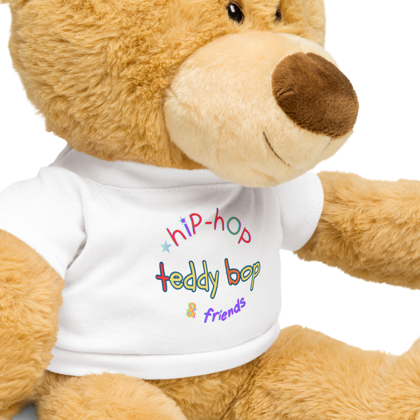 Teddy bear wearing a white t-shirt with 'hip-hop teddy bop & friends' text on a white background